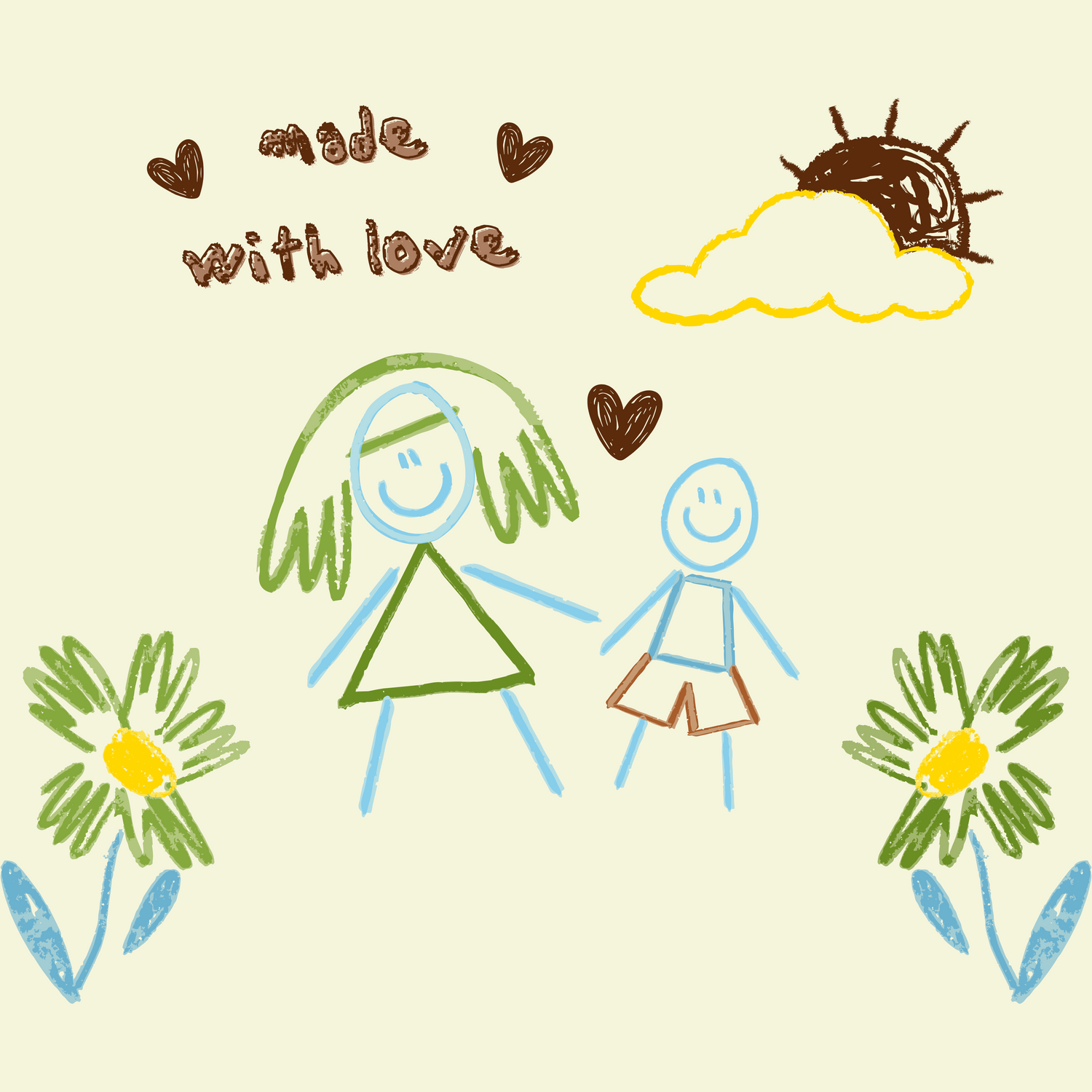 A child's drawing of a mother & son in pastels with text "made with love" on top